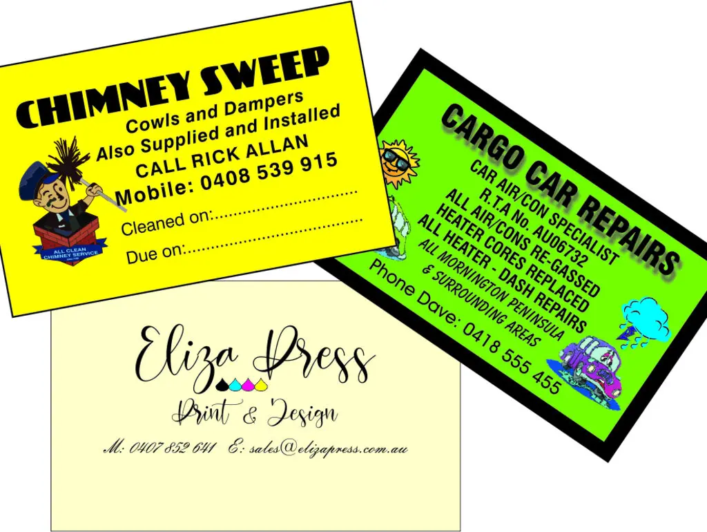 Business cards printed by Eliza Press, including the printer's own card