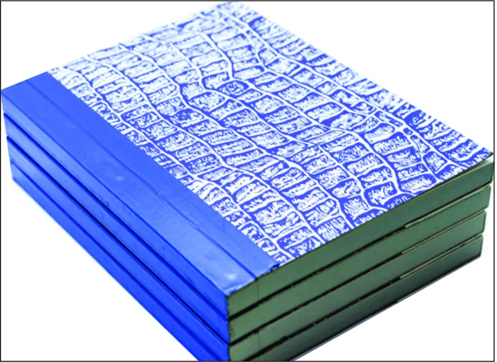 A stack of bound invoice books printed by Eliza Press